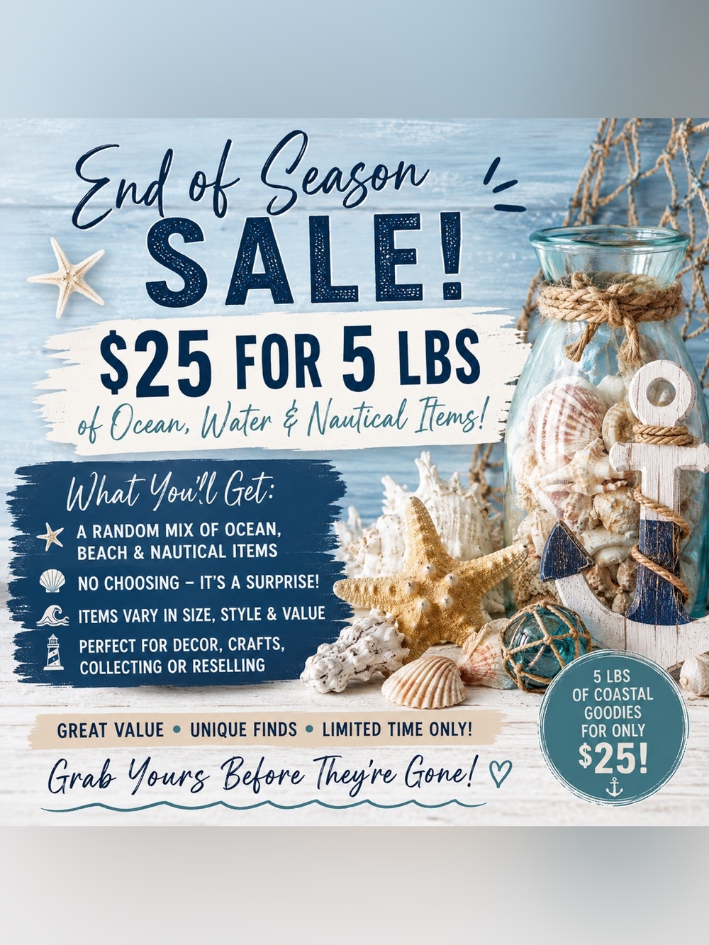 End of Season Ocean, Beach & Nautical Mystery Bundle 5 lbs for $25 Coastal Decor